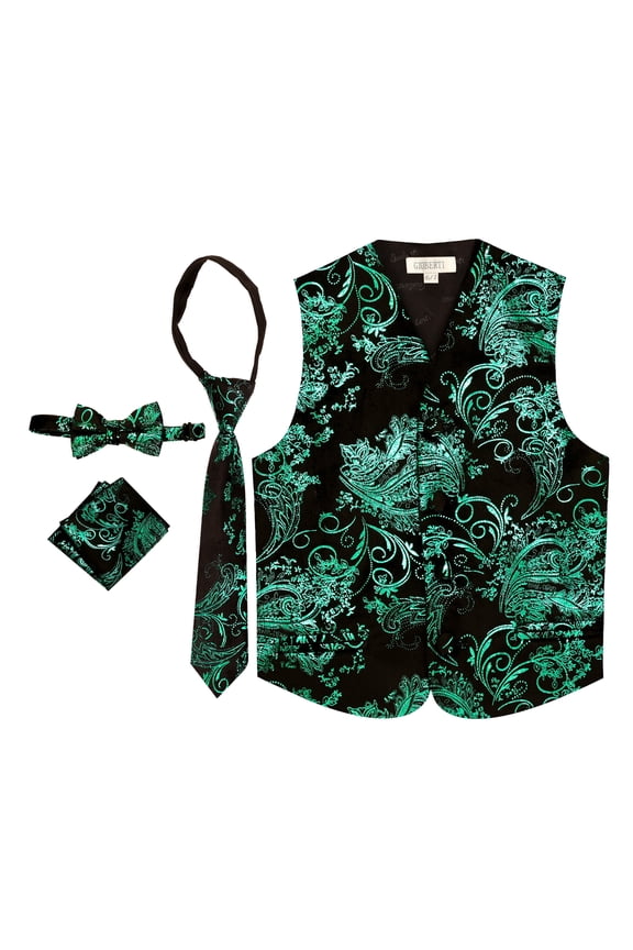 Kids and Boys 4pc Paisley Vest Set - Vest, Bowtie, Tie, Pocket Square