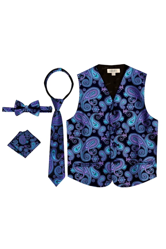 Kids and Boys 4pc Paisley Vest Set - Vest, Bowtie, Tie, Pocket Square