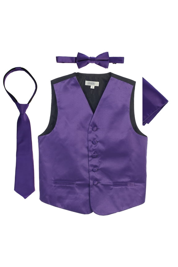 Kids and Boys 4pc Satin Formal Vest Set - Vest, Bowtie, Tie, Pocket Square