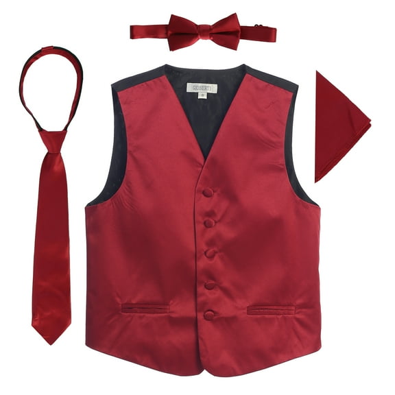 Gioberti Kids and Boys 4pc Satin Formal Vest Set - Vest, Bowtie, Tie, Pocket Square