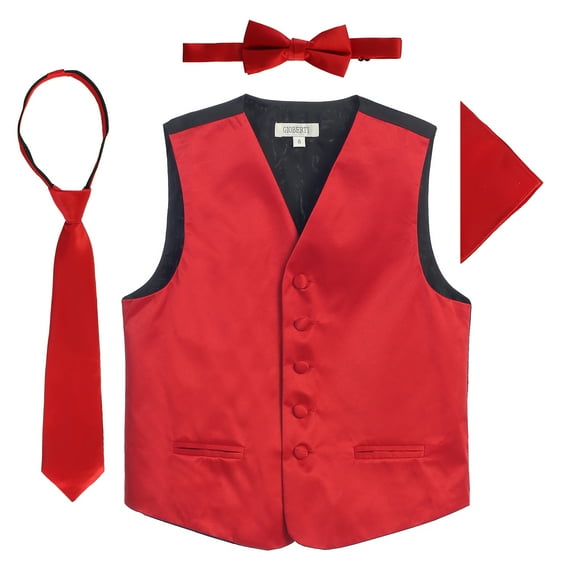 Gioberti Kids and Boys 4pc Satin Formal Vest Set - Vest, Bowtie, Tie, Pocket Square
