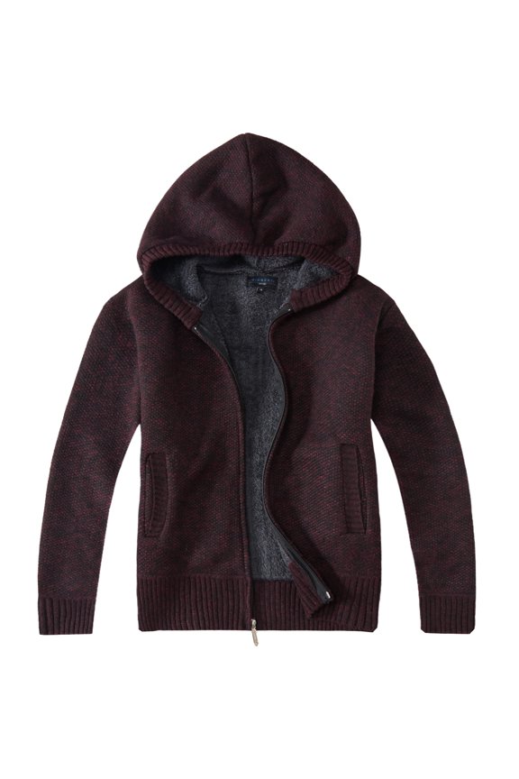 Boy's Full Zip Knitted Cardigan Sweater with Hoody and Sherpa Lining