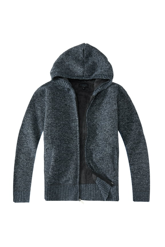 Boy's Full Zip Knitted Cardigan Sweater with Hoody and Sherpa Lining
