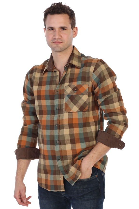 Men's Brushed Flannel 100% Cotton Plaid Checkered Shirt with Corduroy Contrast