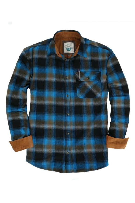 Men's Brushed Flannel 100% Cotton Plaid Checkered Shirt with Corduroy Contrast