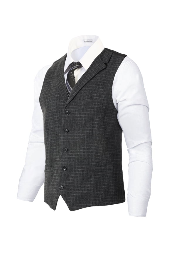 Men's 5 Button Tailored Collar Slim Fit Formal Herringbone Tweed Suit Vest