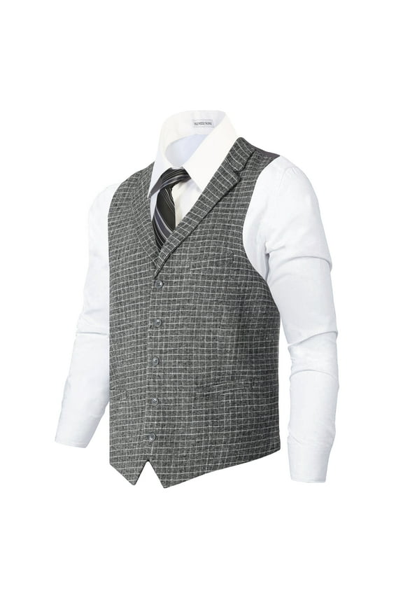 Men's 5 Button Tailored Collar Slim Fit Formal Herringbone Tweed Suit Vest