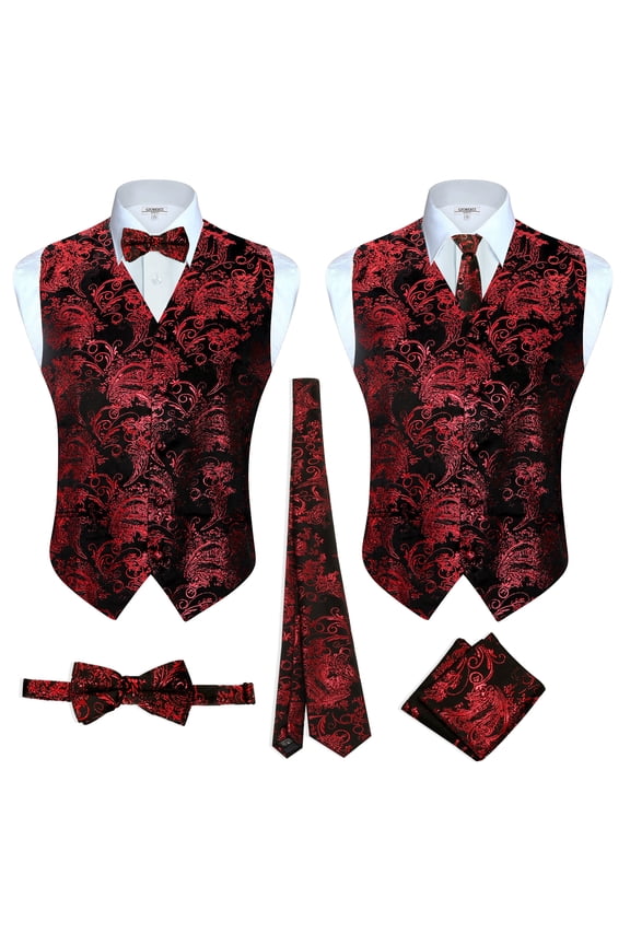 Men's Formal 4pc Paisley Vest Necktie Bowtie and Pocket Square