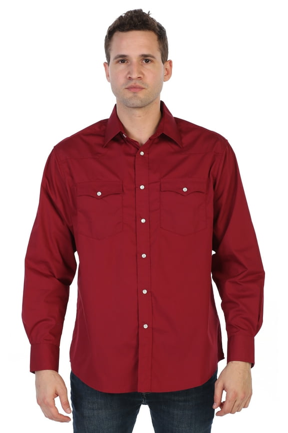Men’s Solid Long Sleeve Western Shirt with Pearl Snap-on Buttons