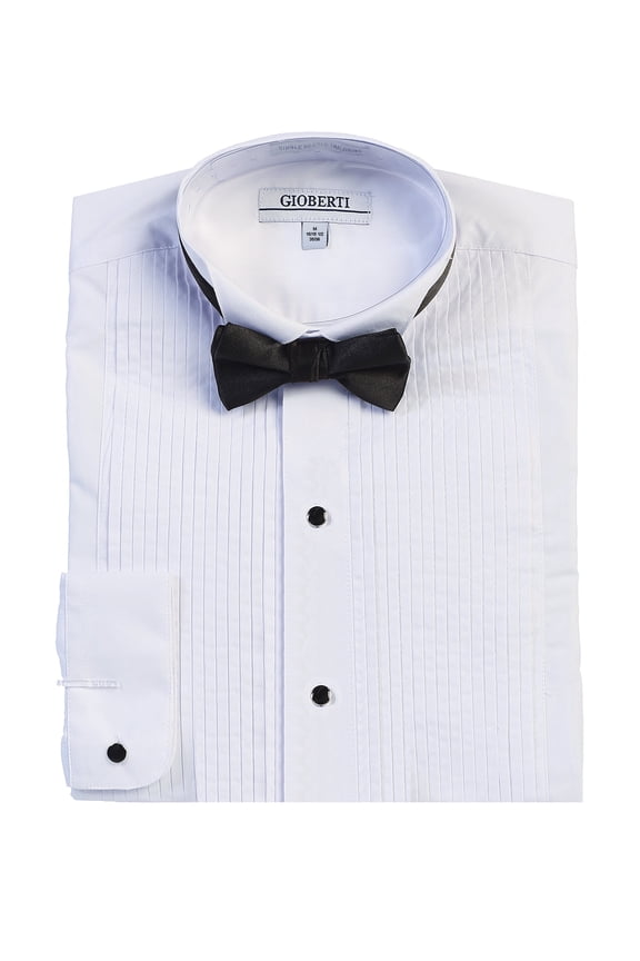 Men's Wing Tip Collar White Tuxedo Dress Shirt with Bow Tie