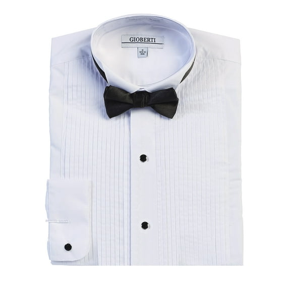 Gioberti Men's Wing Tip Collar White Tuxedo Dress Shirt with Bow Tie