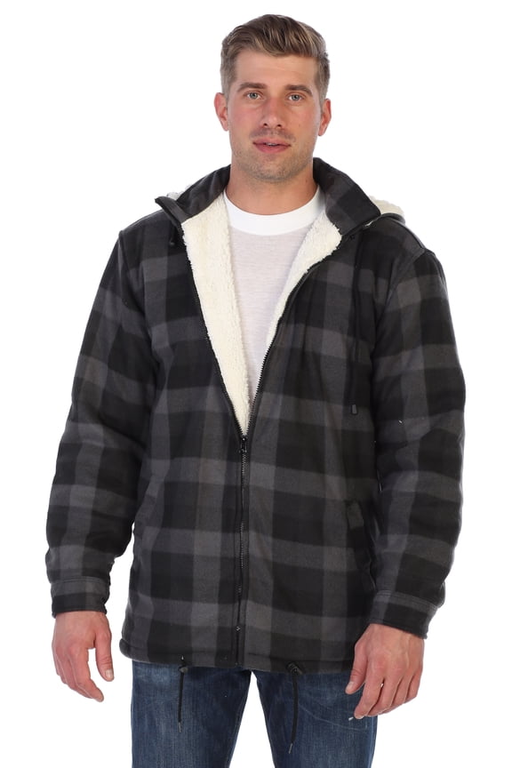 Mens Sherpa Lined Flannel Jacket with Removable Hood