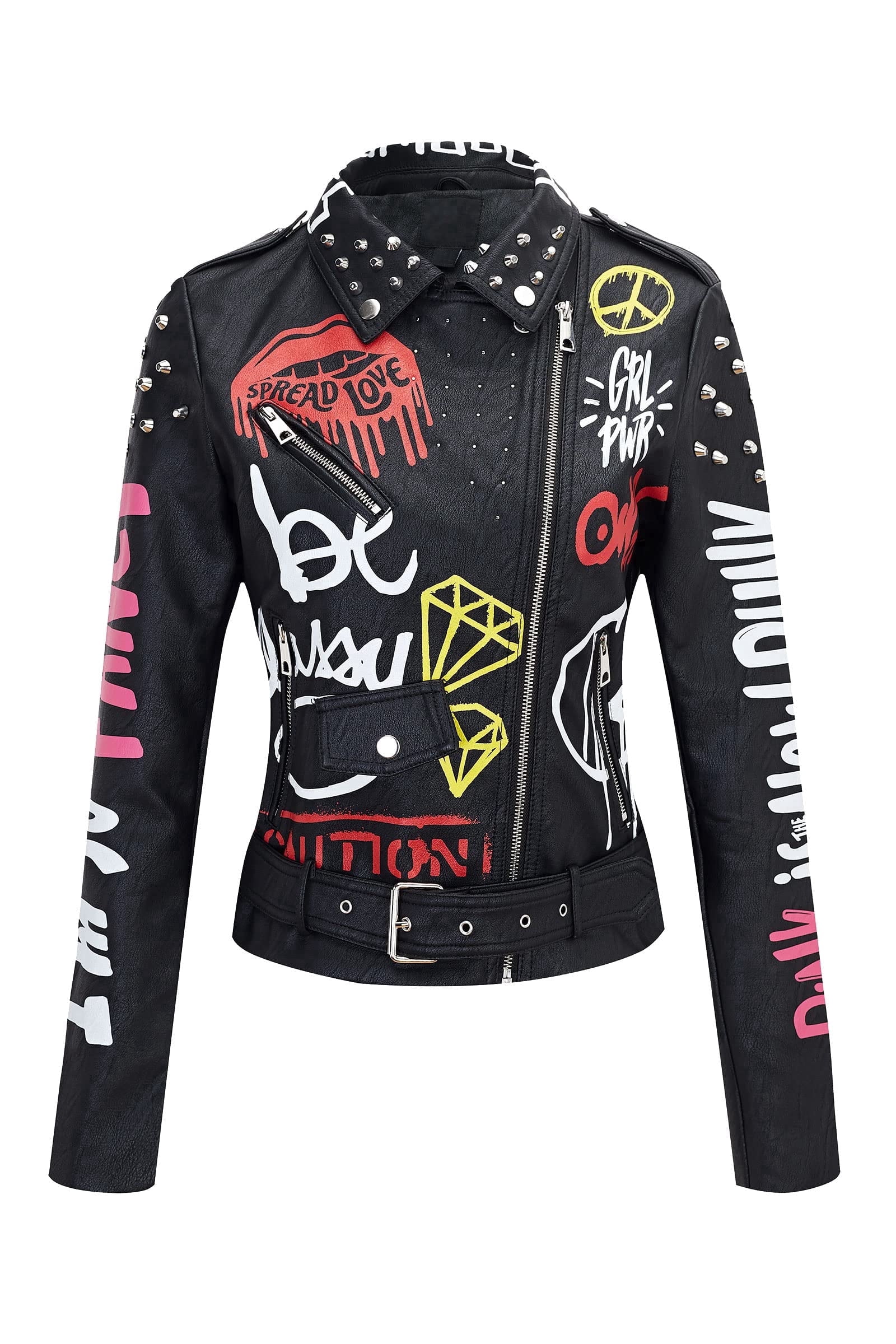 Giolshon Faux Leather Jacket for Women Studded Rivet Floral Moto Biker Coat