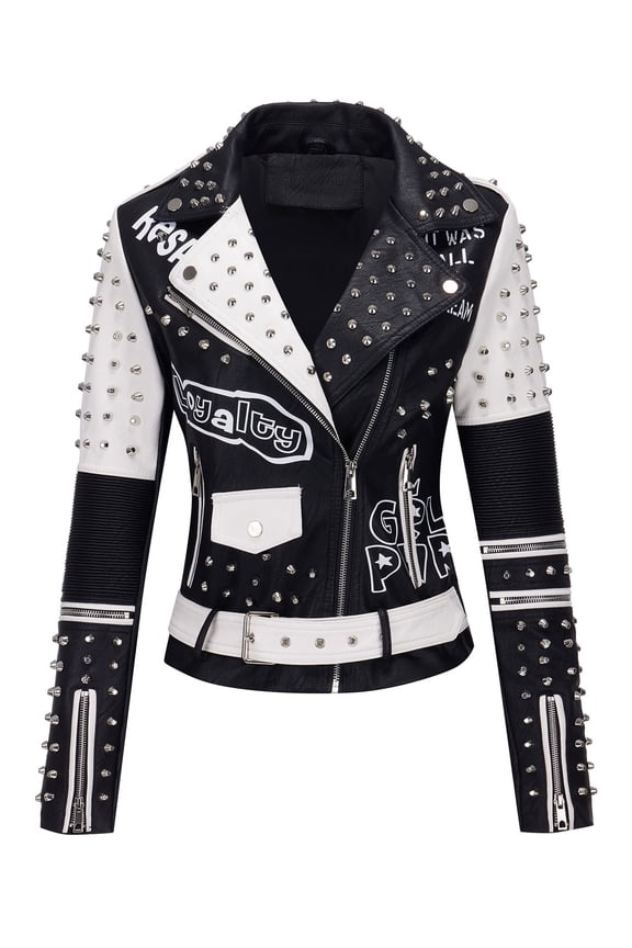 Faux Leather Jacket for Women Studded Rivet Floral Moto Biker Coat