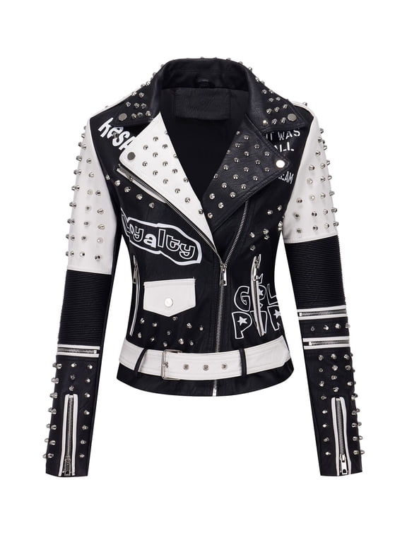 Faux Leather Jacket for Women Studded Rivet Floral Moto Biker Coat