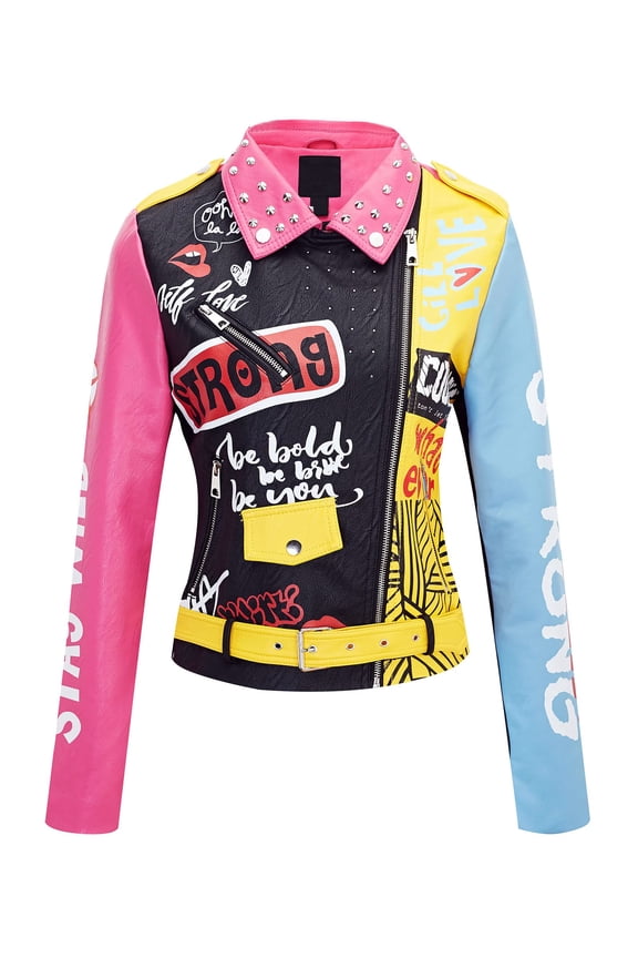 Faux Leather Jacket for Women Studded Rivet Floral Moto Biker Coat witn Fur Collar