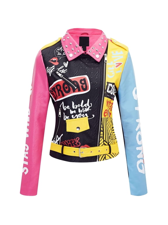 Faux Leather Jacket for Women Studded Rivet Floral Moto Biker Coat