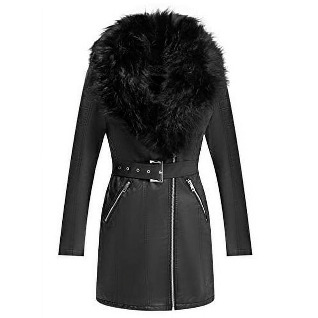Giolshon Faux Leather Jackets for Women,Long Plus size Outwear coat with Detachable Fur Collar for Fall and Winter