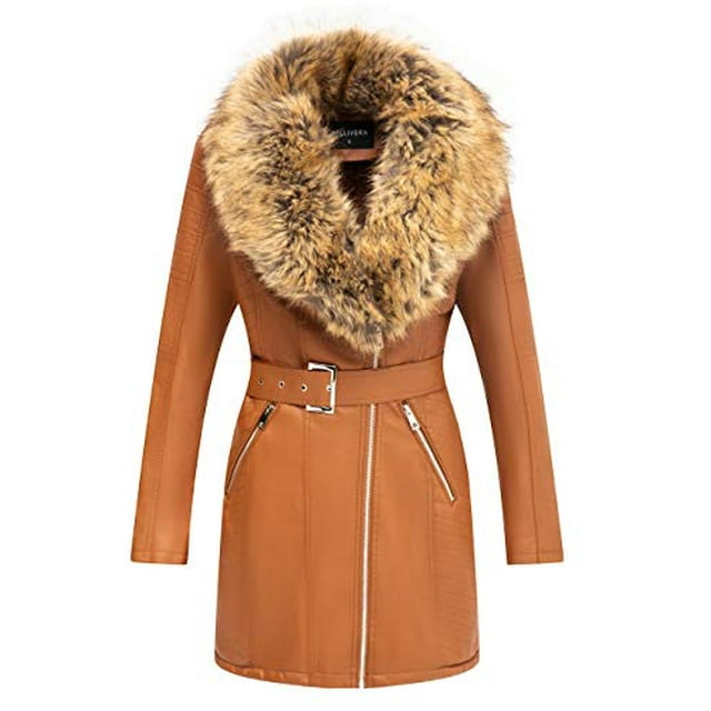 Giolshon Faux Leather Jackets for Women,Long Plus size Outwear coat with Detachable Fur Collar for Fall and Winter