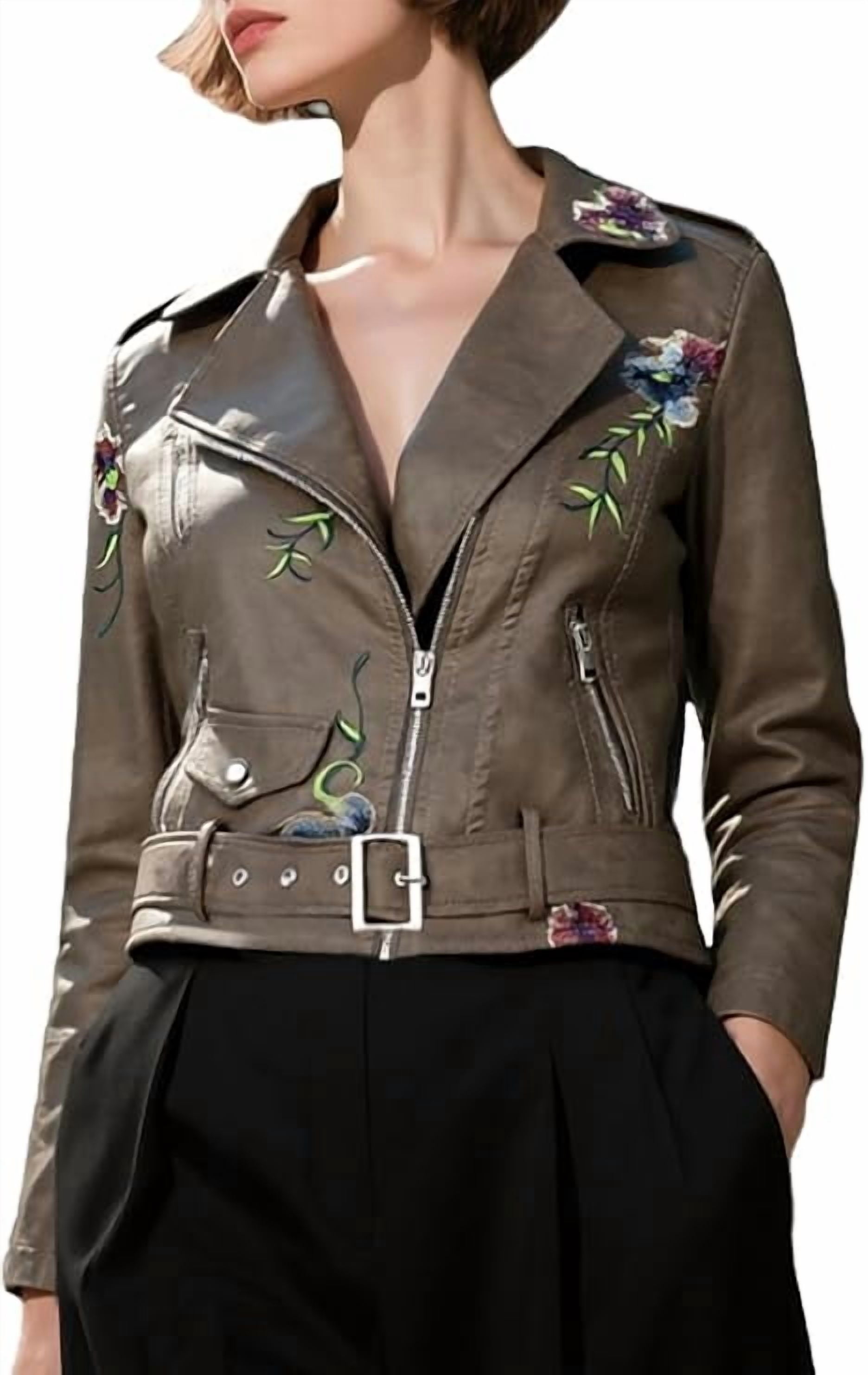 Giolshon Faux Leather Jackets for Womens Spring Fall Clothes Winter Soft Casual Short Floral Motorcycle Biker Coat
