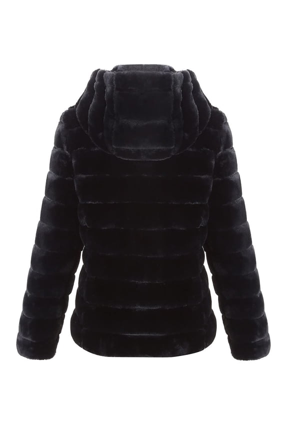 Women Faux Fur Coat Fleece Fuzzy Hood Fluffy Shaggy Shearling Sherpa-Lined Jacket