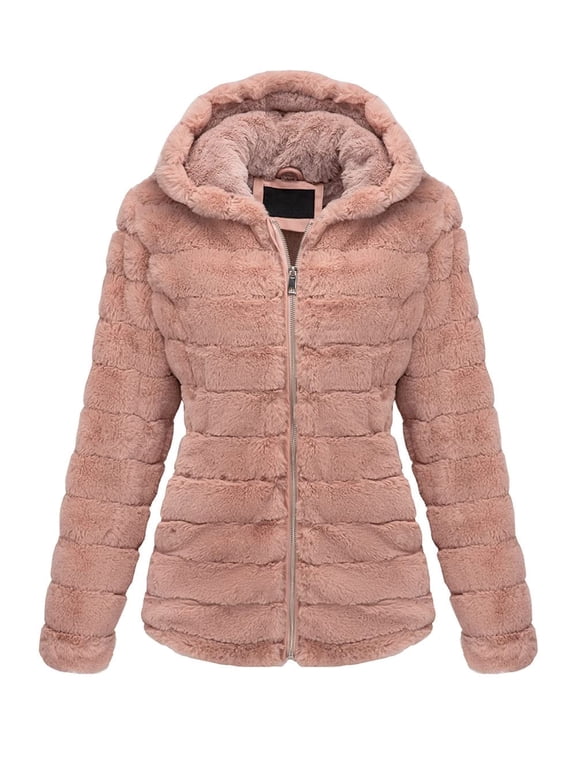 Women Faux Fur Coat Fleece Fuzzy Hood Fluffy Shaggy Shearling Sherpa-Lined Jacket