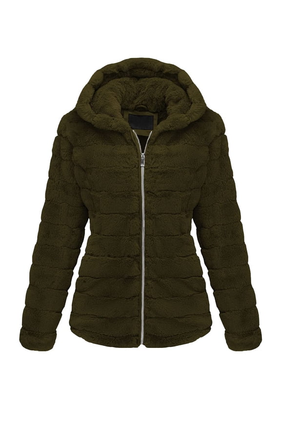 Women Faux Fur Coat Fleece Fuzzy Hood Fluffy Shaggy Shearling Sherpa-Lined Jacket