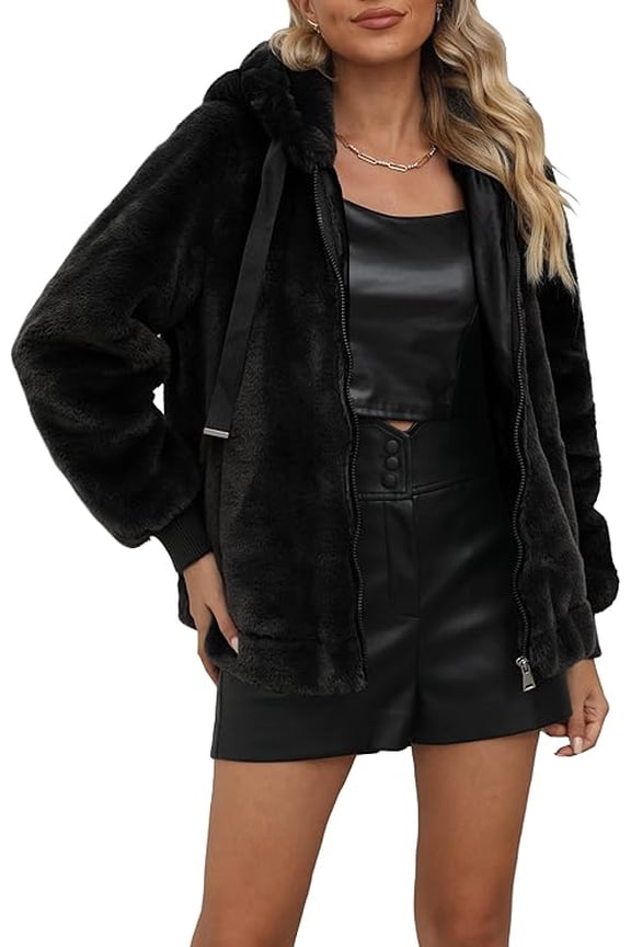 Women Faux Fur Coat Fleece Fuzzy Hood Fluffy Shaggy Shearling Sherpa-Lined Jacket