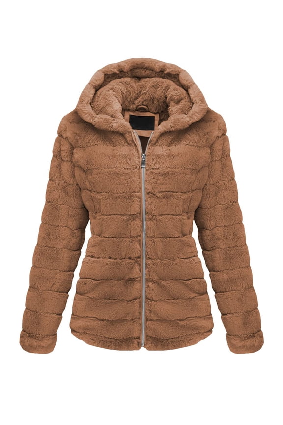 Women Faux Fur Coat Fleece Fuzzy Hood Fluffy Shaggy Shearling Sherpa-Lined Jacket