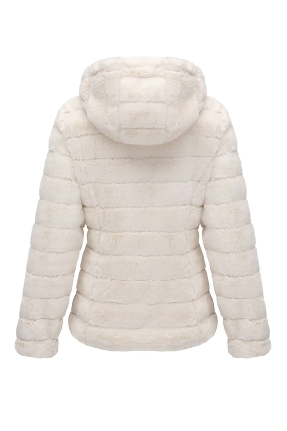 Women Faux Fur Coat Fleece Fuzzy Hood Fluffy Shaggy Shearling Sherpa-Lined Jacket