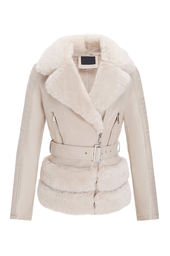 Women Faux Leather Jacket Moto Biker Coat Fleece-Lined Overcoat with Removable Belt