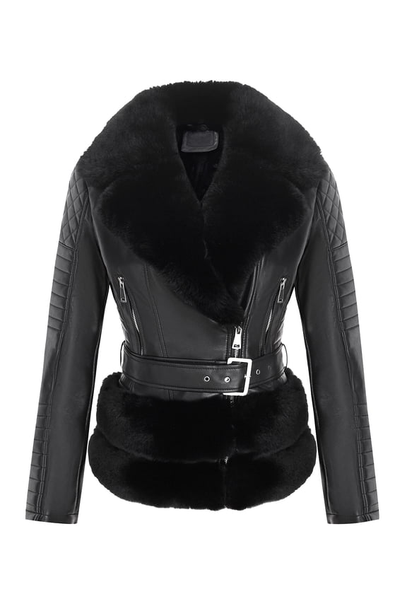 Women Faux Leather Jacket Moto Biker Coat Fleece-Lined Overcoat with Removable Belt