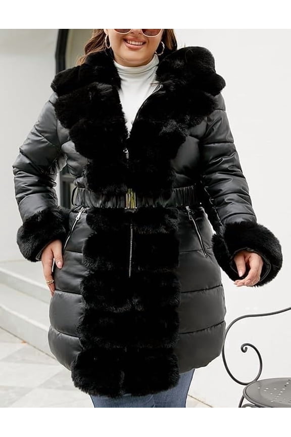 Women Faux Leather Winter Trendy puffer jacket water-resistant Thicken Bubble Coat with Faux Fur Hood and Belt
