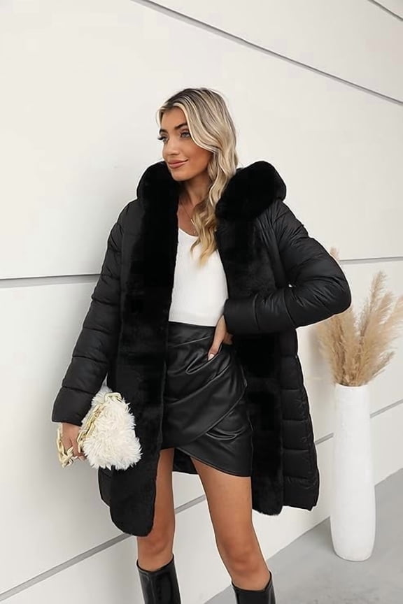 Women Faux Leather Winter Trendy puffer jacket water-resistant Thicken Bubble Coat with Faux Fur Hood and Belt