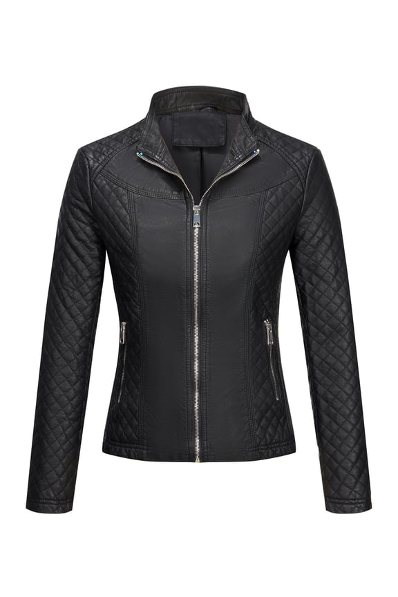 Women Plus Size Faux Leather Jacket Long Sleeve Moto Biker Coat