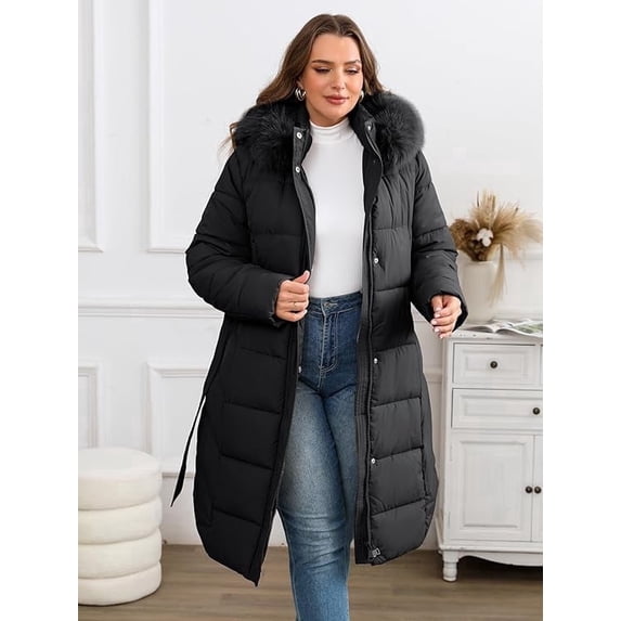 Giolshon Women Puffer Jacket Plus Size Long Parka Belted Winter Warm Hood Coat