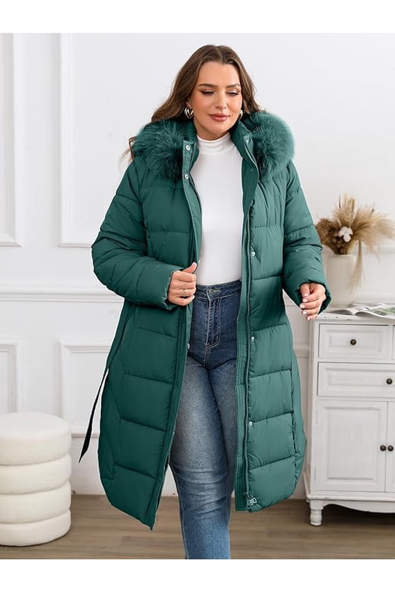 Women Puffer Jacket Plus Size Long Parka Belted Winter Warm Hood Coat LZ12617Plus Green 2X