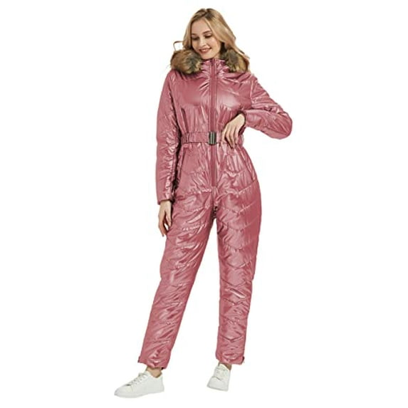 Giolshon Women Ski Suit Jumpsuit Winter Trendy Hooded Onesies Outdoor Sports Waterproof Snowsuit with Removable Faux Fur Collar
