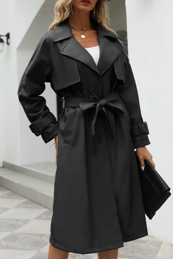 Women Trench Coat Long Loose Jacket Faux PU Leather Oversize Classic Lapel Overcoat with Belt