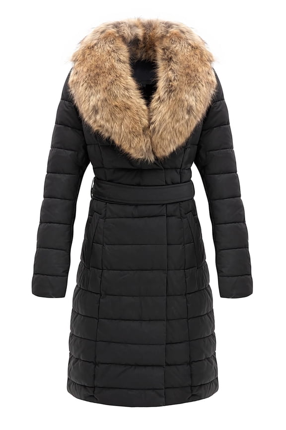 Women's Winter Puffer Jacket with Removable Faux Fur Collar Cold-Resistant Hooded Coat Belted Waist Plush Lining Outerwear
