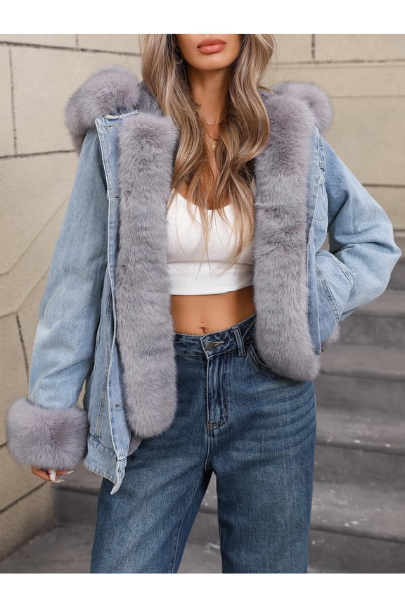 Women's Denim Jacket Sherpa Fleece Lined Coats Faux Fur Warm Jean Jean Trucker Outerwear