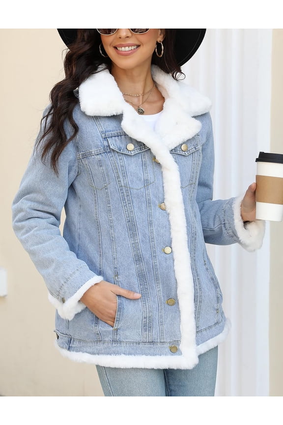 Women's Denim Jacket Sherpa Fleece Lined Coats Faux Fur Warm Spring Jean Trucker Outerwear