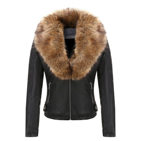 Giolshon Women's Faux Leather Coat Moto Bike Jacket with Faux Fur Collar for Winter M