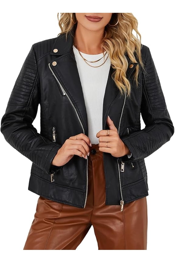 Women's Faux Leather Jacket Moto Water Resistant Coat 53 Black S