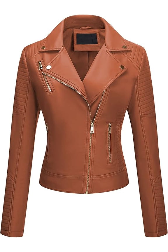 Women's Faux Leather Jacket Moto Water Resistant Coat 53 Brown L