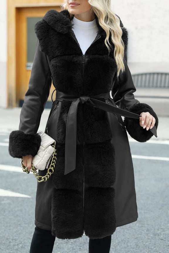 Women's Faux Leather Jacket Sherpa-Lined Coat Winter Warm Parka Overcoat with Belt