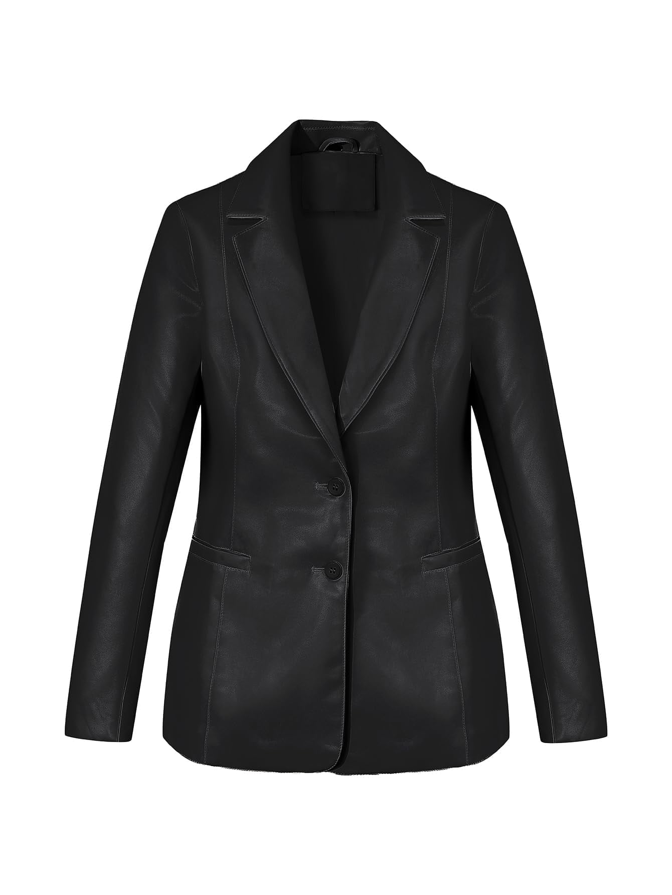 Giolshon Women's Faux Leather Mid-Length Open Front Blazer with Pockets Business Casual Spring Fashion Outerwear