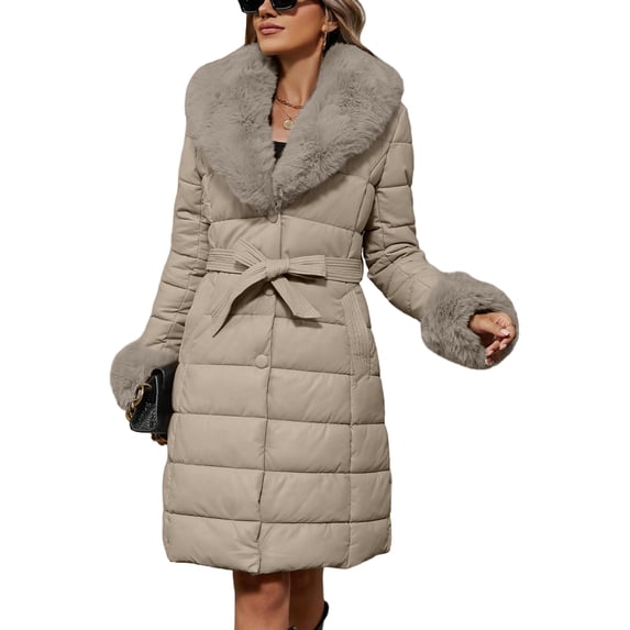 Giolshon Women Faux Leather Puffer Padded Jacket Bubble Fleece-Lined Coat with Detachable Faux Fur Collar
