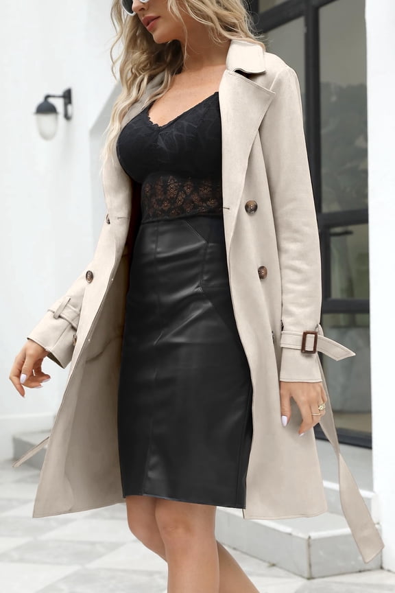 Women's Faux Suede Leather Long Belted Trench Coat Lightweight Windbreaker for Spring Fall Winter