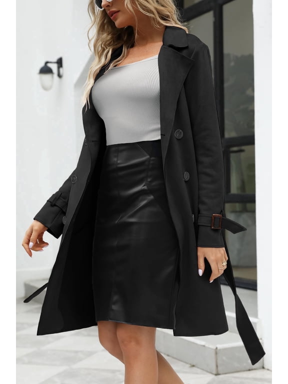 Women's Faux Suede Leather Long Belted Trench Coat Lightweight Windbreaker for Spring Fall Winter
